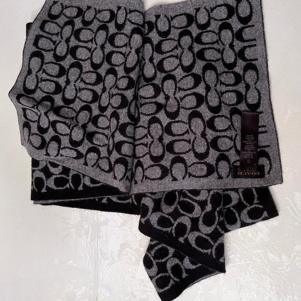 NEW Coach Scarf Wool Cashmere Viscose Black Gray NWOT